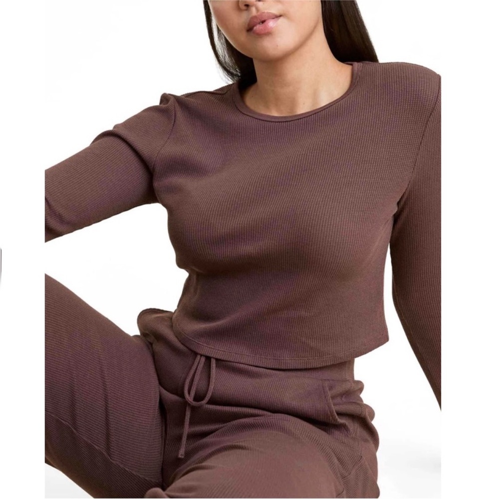 Nuuds Thermal Waffle Knit Crop Long Sleeve Shirt Minimalist Brown XL